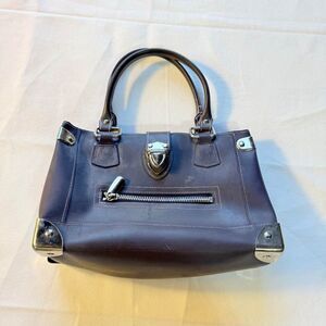 Vintage Purple Leather Satchel Handbag Silver Corner Hardware Push Lock Small